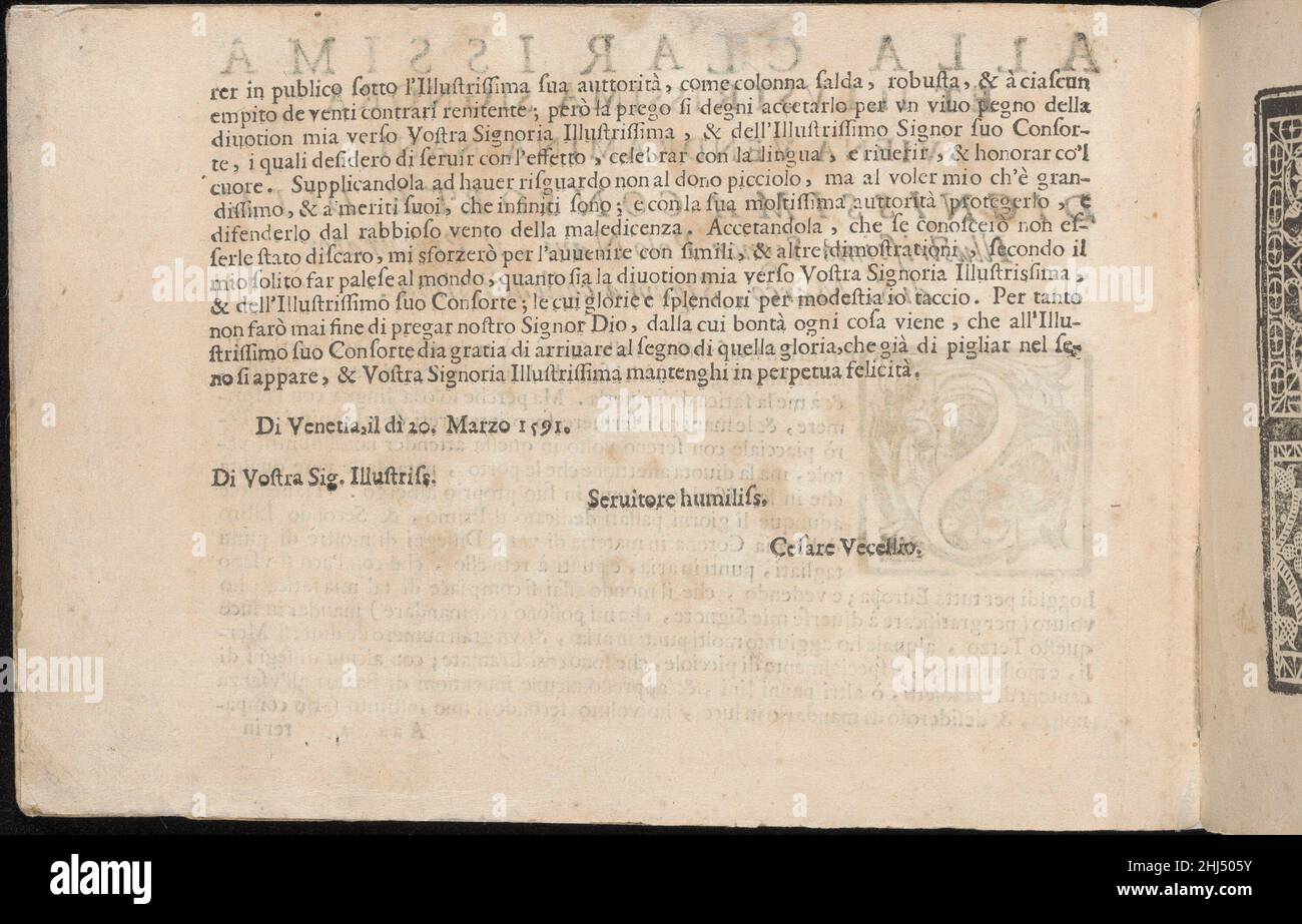 Corona delle Nobili et Virtuose Donne, Libro terzo, pagina 2 (verso) 1620 Cesare Vecellio Italian Designed by Cesare Vecellio, Italian, Pieve di Cadore 1521-1601 Venezia, Venezia, edito da Alessandro de' vecchi, Italian, Active 17th Century, Venice.Dedication continued from previous page. Corona delle Nobili e Virtuose Donne, libro terzo, pagina 2 (verso) 358318 Foto Stock