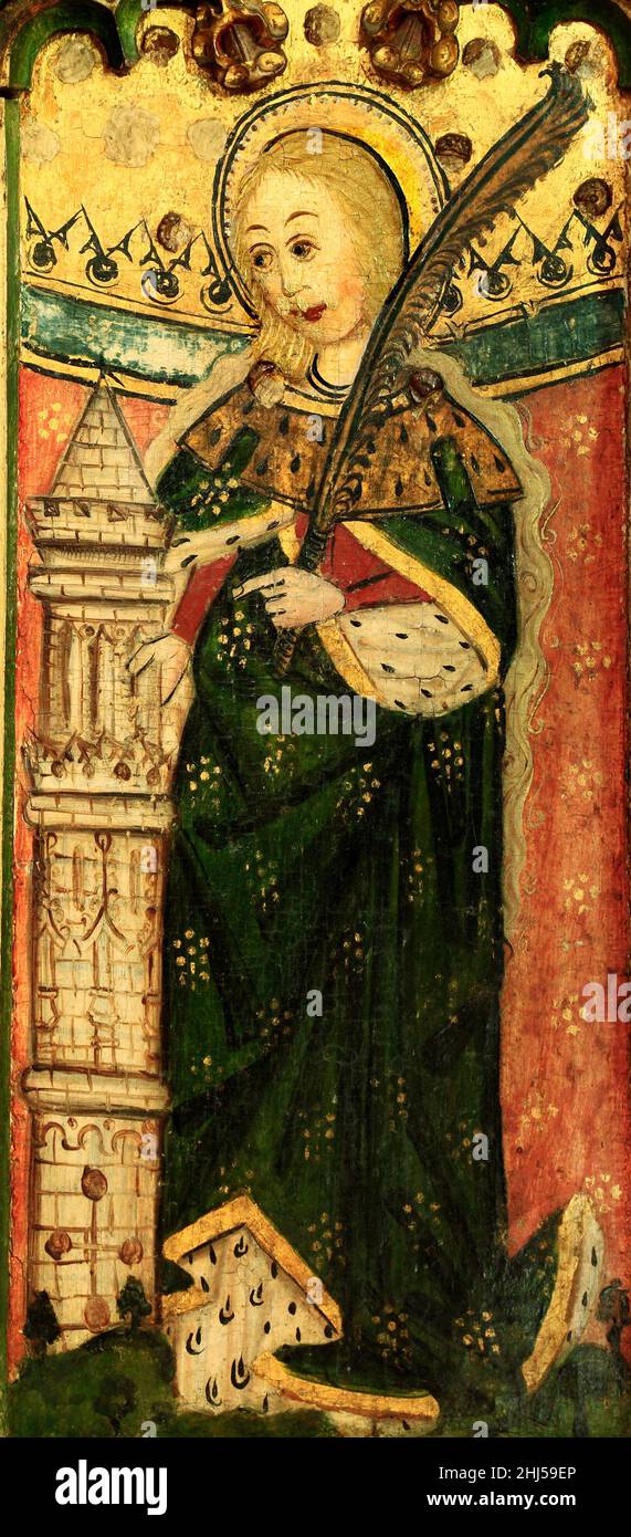 Occhio, Suffolk, pittura di schermo di rood, Santa Barbara con la torre, ramo di palma, arte medievale, Inghilterra Foto Stock