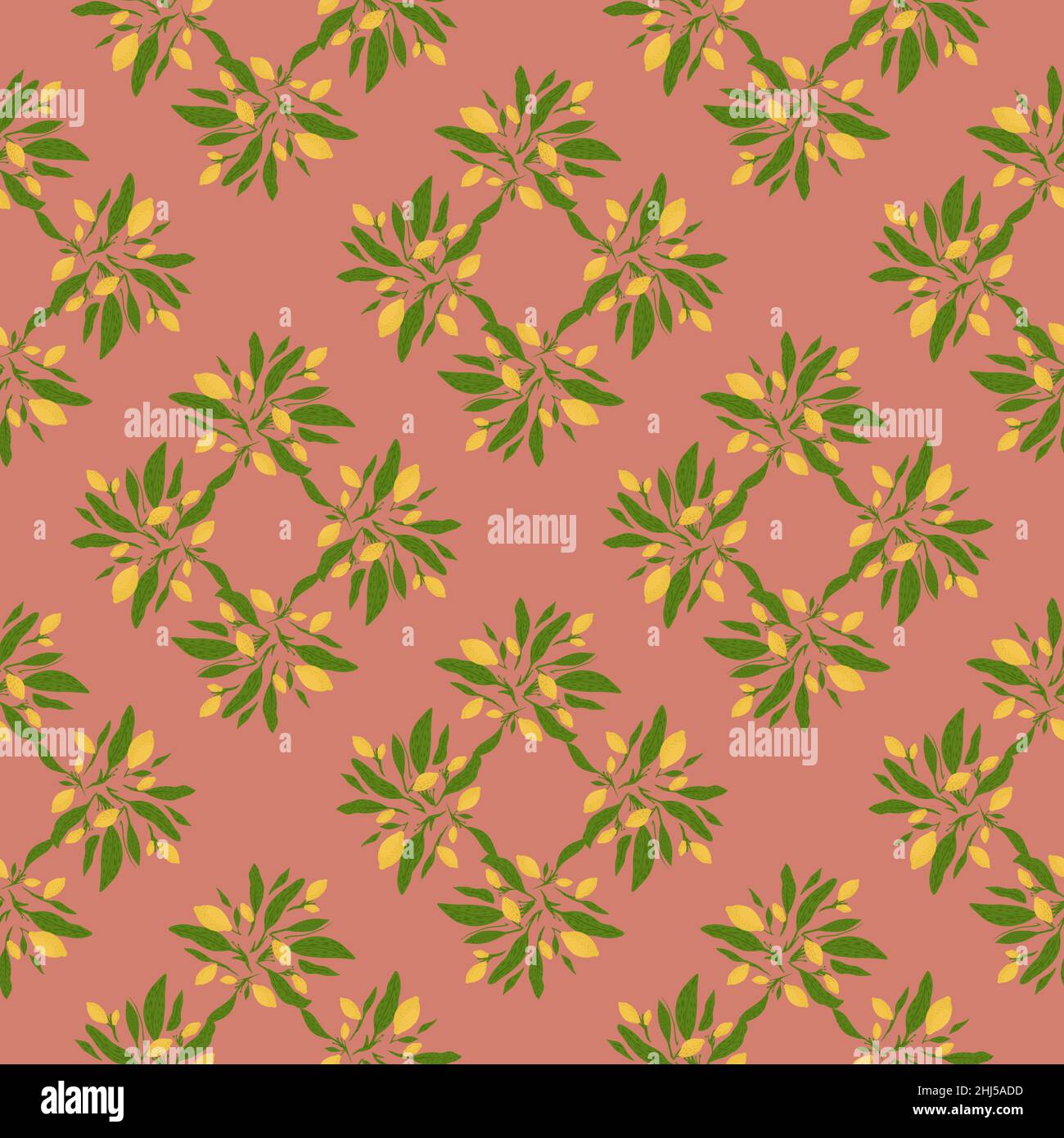Agrumi di frutta senza cuciture con limoni gialli e foglie verdi stampa. Sfondo rosa. Illustrazione vettoriale per stampe tessili stagionali, tessuti, divieto Illustrazione Vettoriale