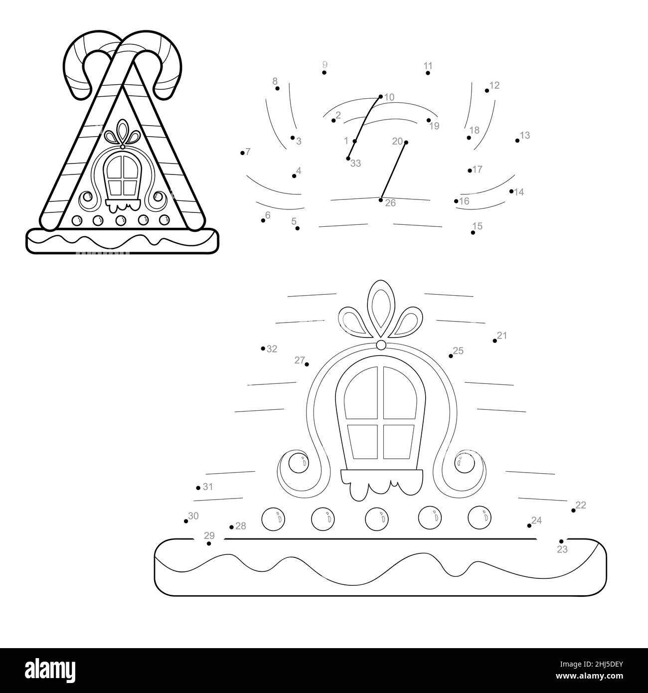 Puzzle di Natale da punto a punto per i bambini. Collegare il gioco dei puntini. Illustrazione della casa di Gingerbread di Natale Foto Stock