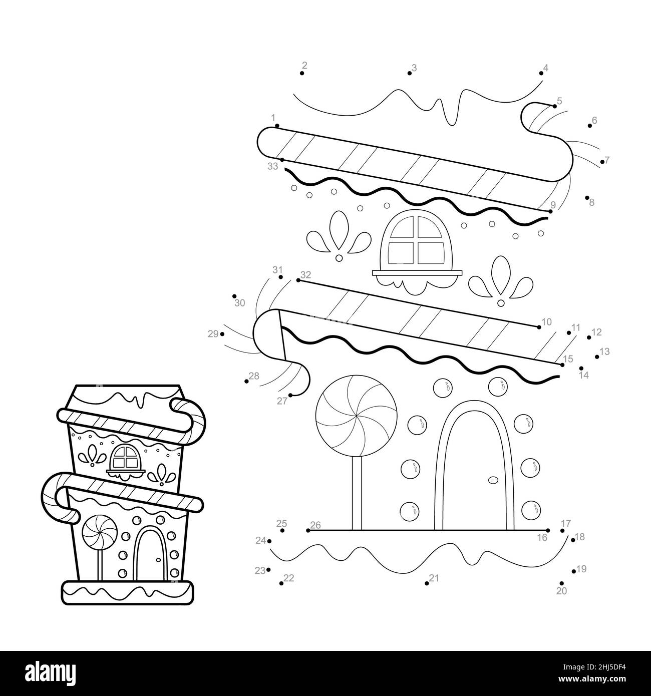 Puzzle di Natale da punto a punto per i bambini. Collegare il gioco dei puntini. Illustrazione della casa di Gingerbread di Natale Foto Stock