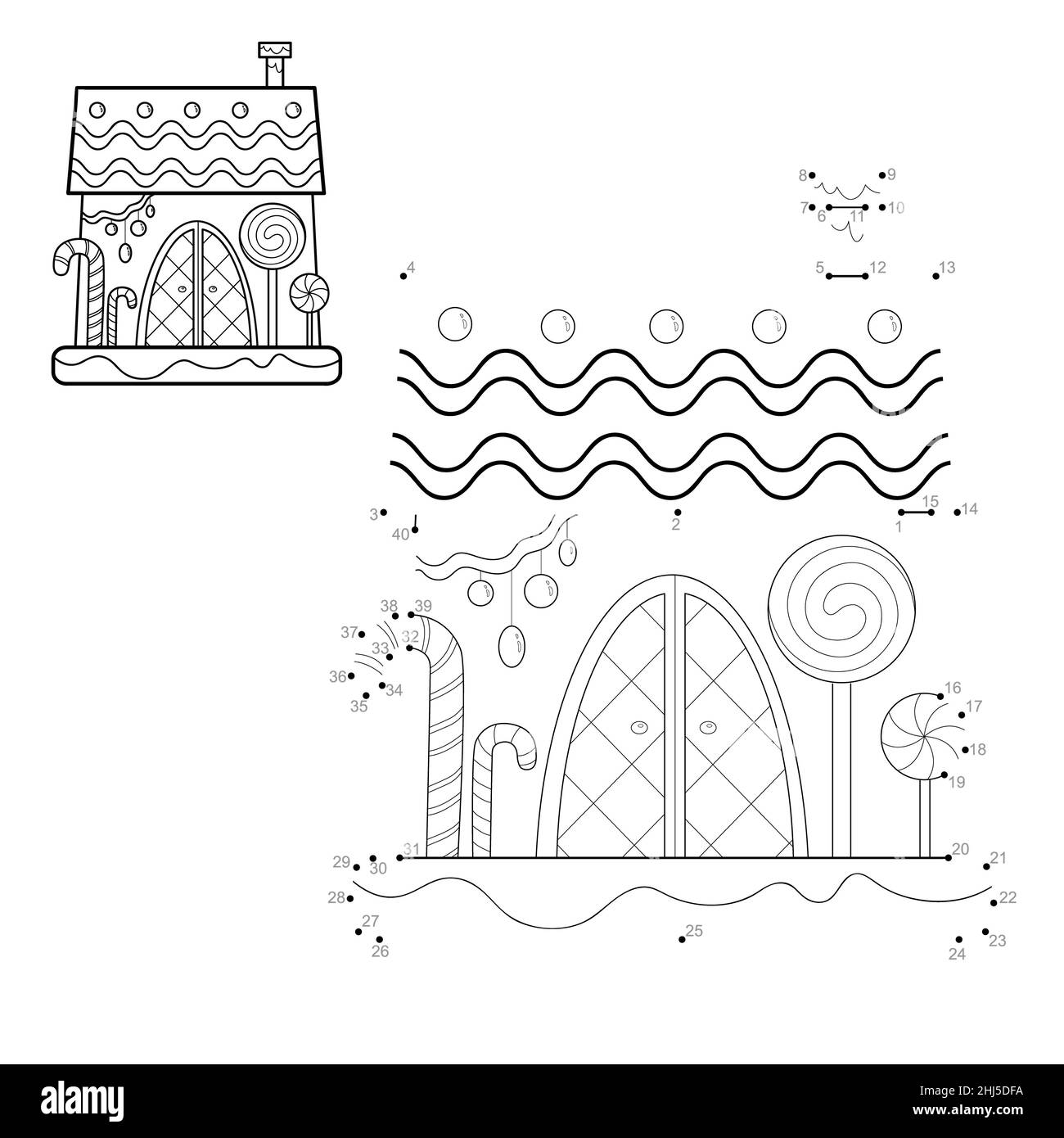 Puzzle di Natale da punto a punto per i bambini. Collegare il gioco dei puntini. Illustrazione della casa di Gingerbread di Natale Foto Stock