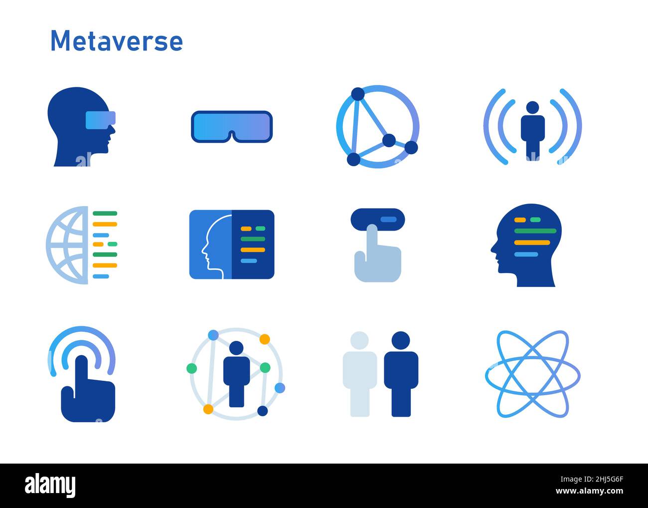 metaverse virtual reality world icon concept technology set collection colore blu Illustrazione Vettoriale