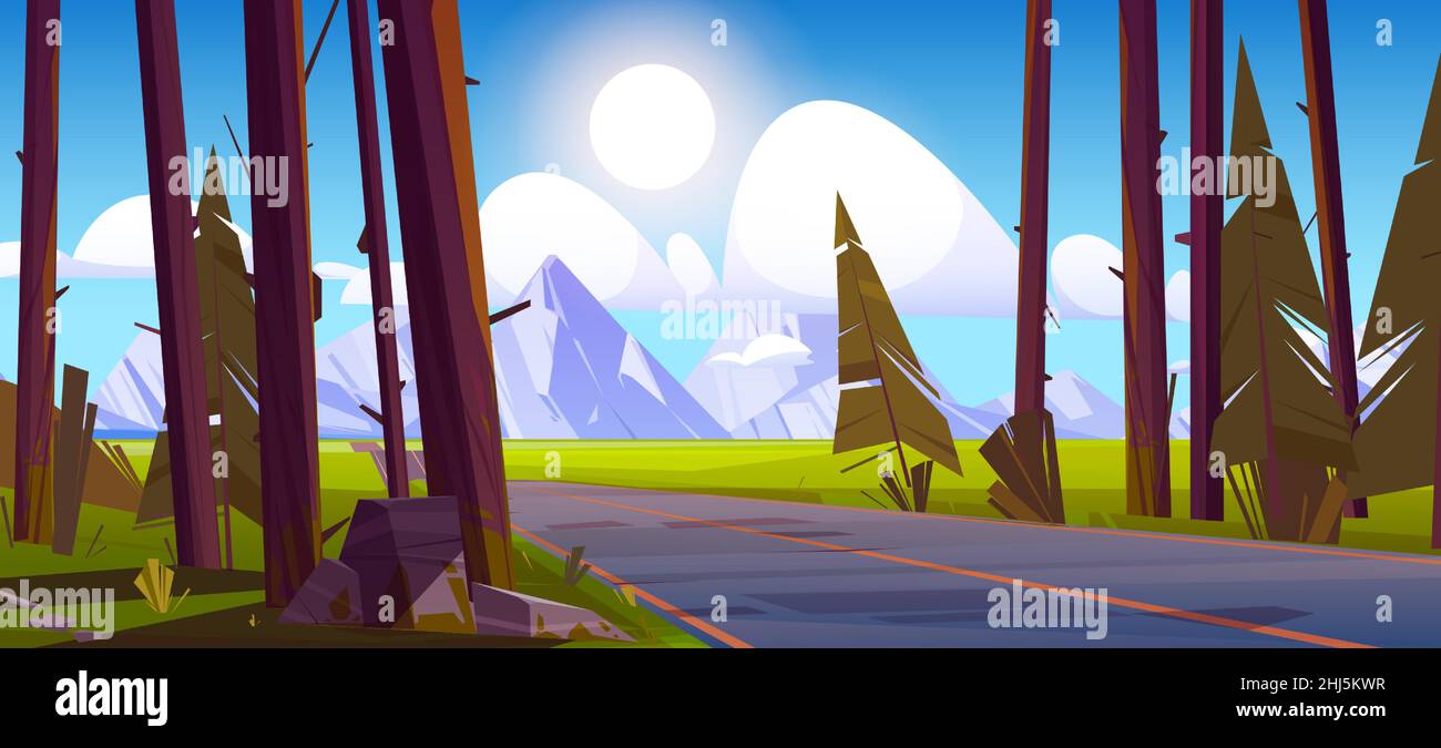 Paesaggio con strada e catena montuosa. Viaggio estivo o viaggio attraverso paesaggi rurali o natura di campagna. Sstraight autostrada in conifer foresta, avventura e viaggio Cartoon vettore illustrazione Illustrazione Vettoriale