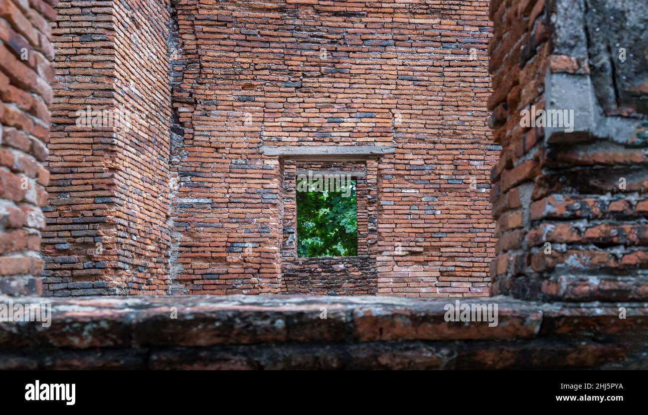 Guardando attraverso le pareti di mattoni rossi agli alberi verdi nelle rovine del vecchio tempio nella provincia di Ayuthaya. Messa a fuoco selettiva. Foto Stock