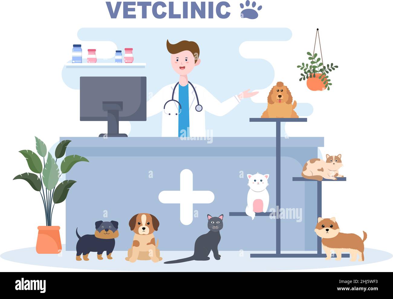 Veterinario Clinica medico di esame, vaccinazione e assistenza sanitaria per animali domestici come cani e gatti in Cartoon piano sfondo Vector Illustrazione per Poster Illustrazione Vettoriale