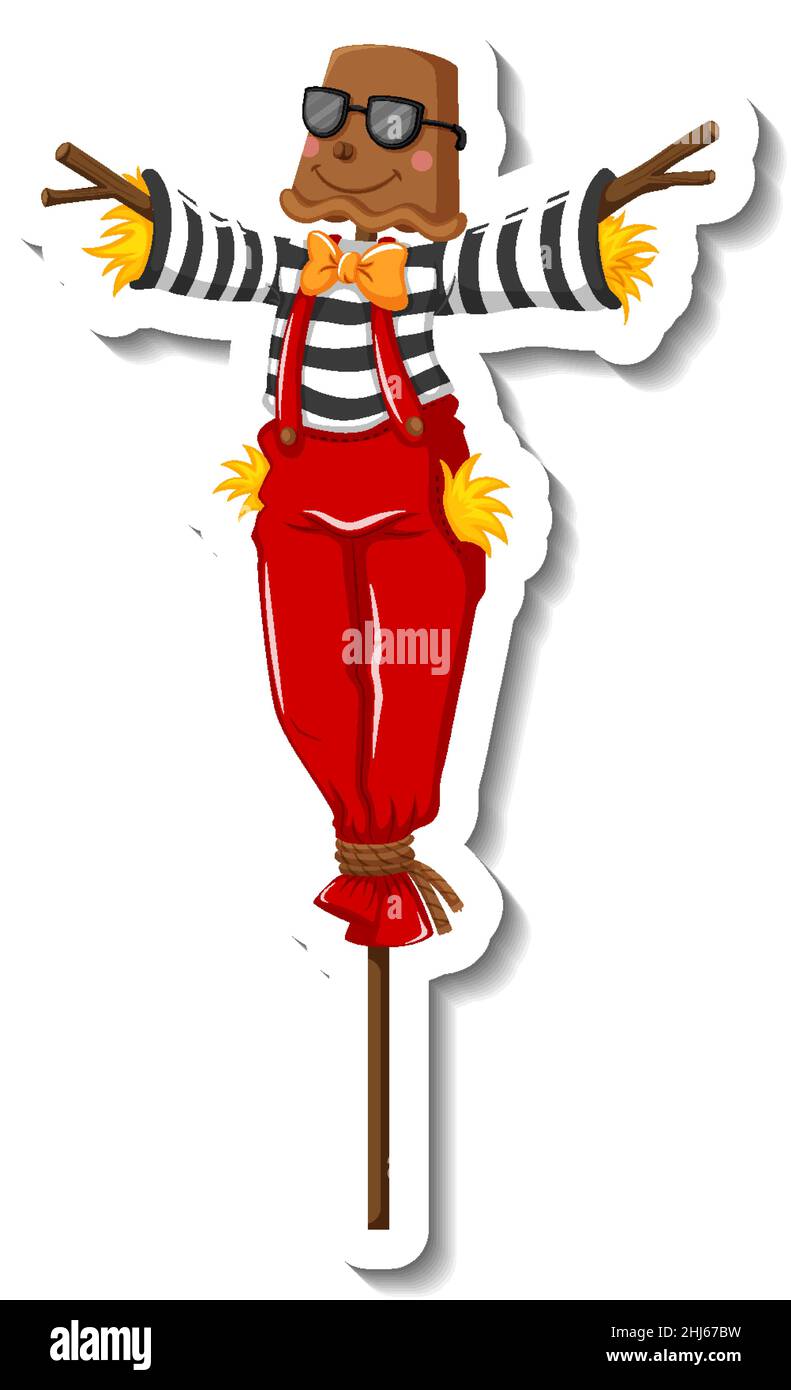 Scarecrow indossa tuta rossa su illustrazione bastone di legno Illustrazione Vettoriale
