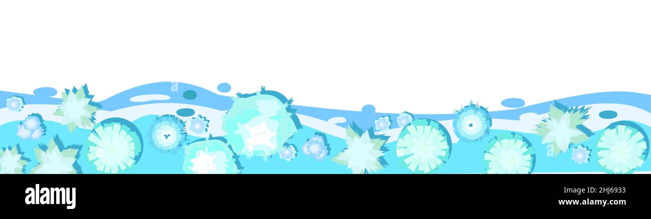 Vista dall'alto paesaggio invernale. Composizione onda orizzontale bordo. Natura ghiacciata e innevata nella stagione fredda. Da alto. Ciuffi bianchi di neve. Illustrazione in ca Illustrazione Vettoriale