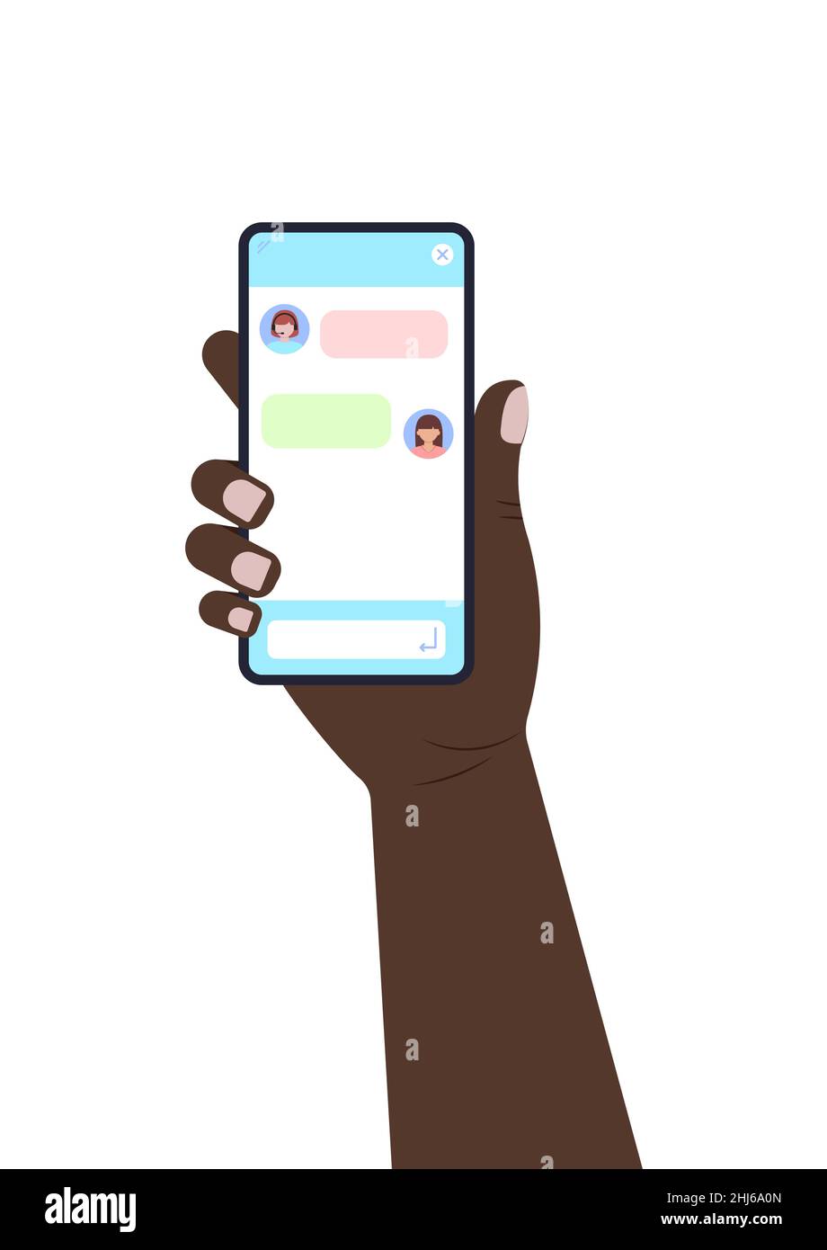 Chat bot dialoge finestre con cuffia donna sullo schermo dello smartphone design piatto. Illustrazione Vettoriale
