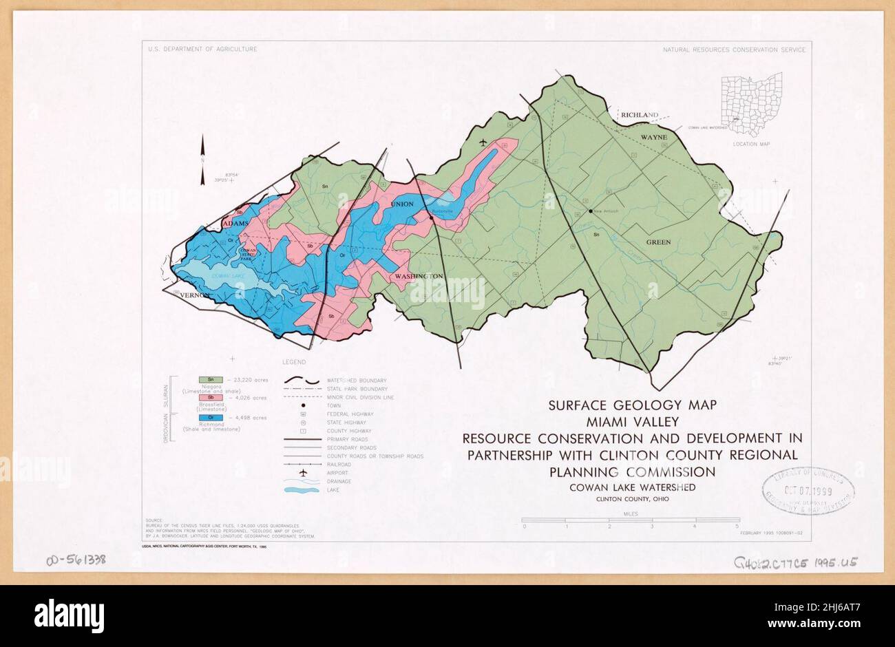 Mappa geologica di superficie - Miami Valley Resource Conservation and Development in partnership con Clinton County Regional Planning Commission, Cowan Lake Watershed, Clinton County, Ohio Foto Stock