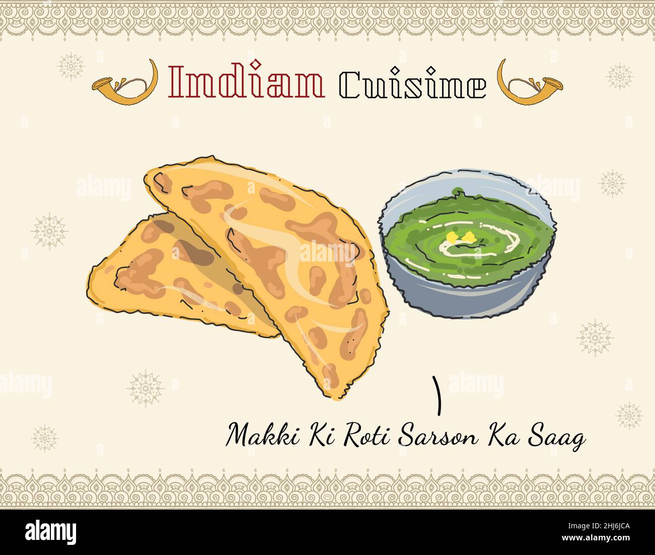 Sarson ka saag. Indian Punjabi Food Vector colorato di stile doodled cucina indiana, piatto. Cibo tradizionale dall'India Illustrazione Vettoriale