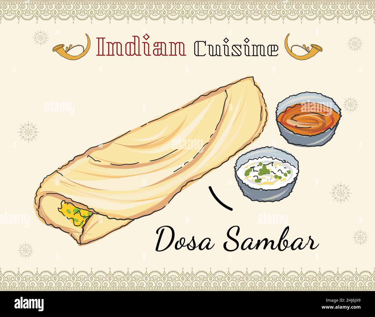 Carta Masala dosa, pasto tradizionale dell'India del Sud servito con sambhar e chutney di cocco. Cucina tradizionale dell'India del Sud. Illustrazione Vettoriale