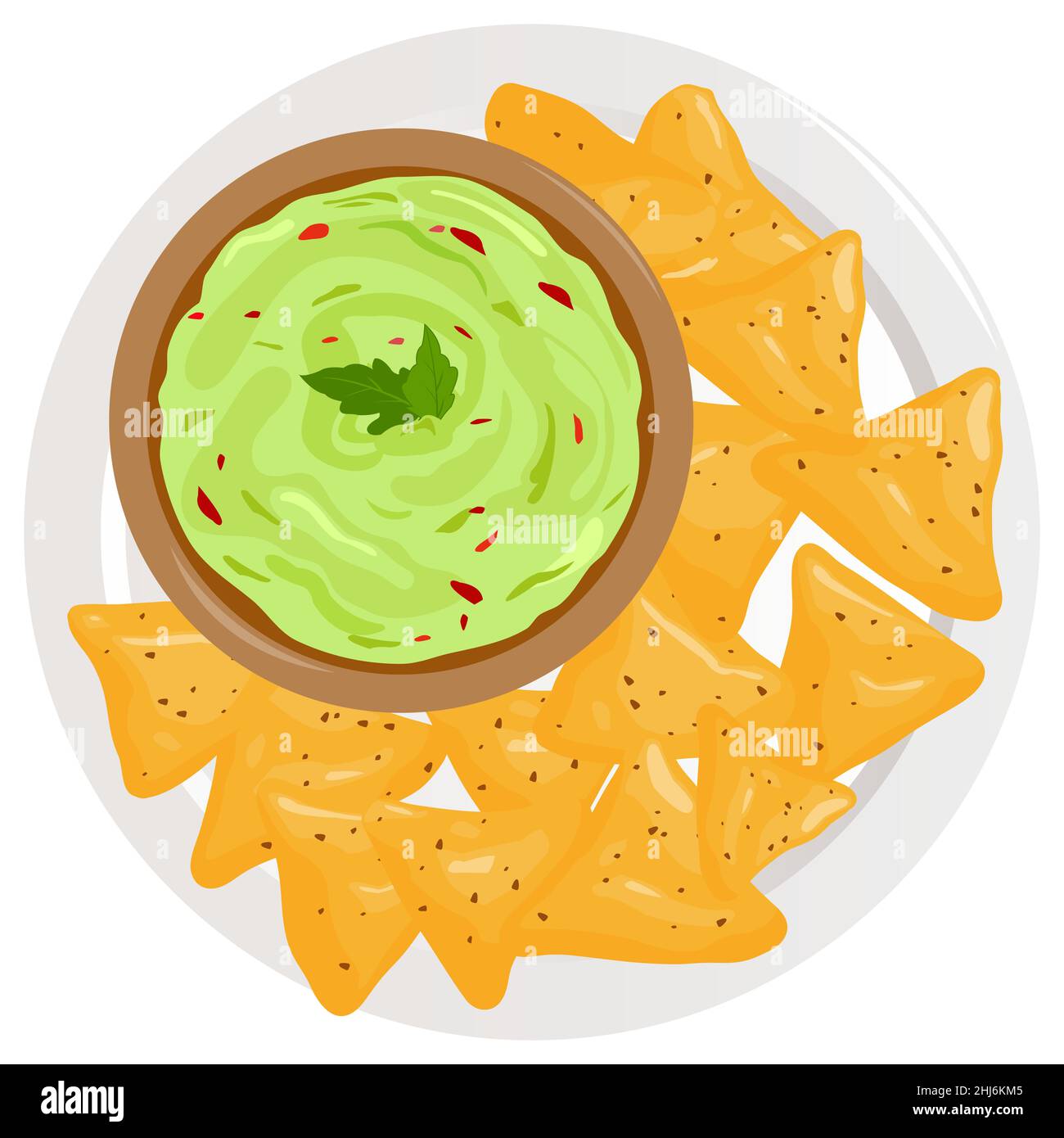 Piatto con salsa di avocado guacamole e patatine di nachos. Foto Stock