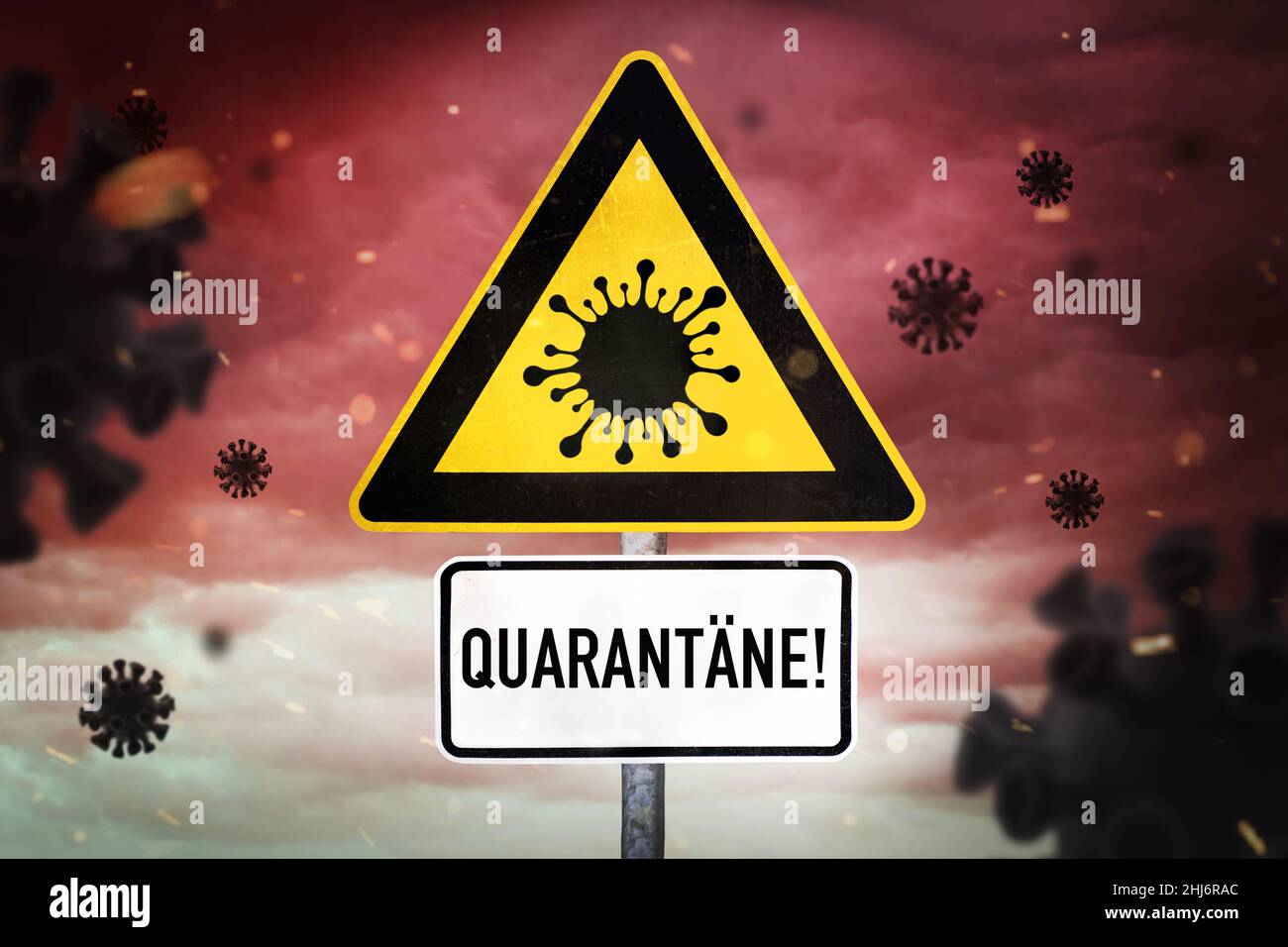 Fotomontage, Gefahrenschild mit Schriftzug Quarantäne und Virussymbol, Symbolfoto Omikron-Variante Foto Stock