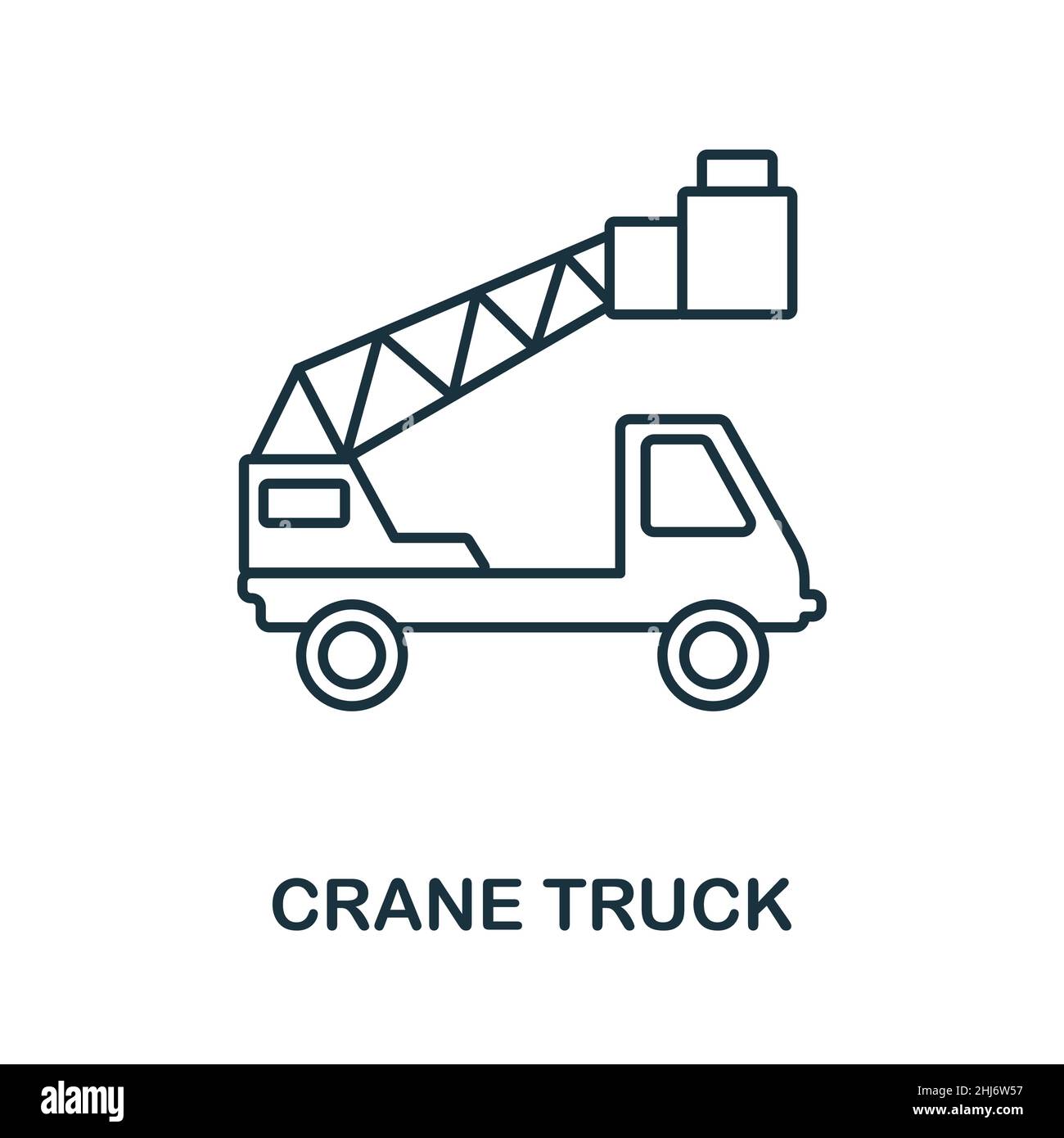 Icona del carrello gru. Elemento di linea dalla raccolta di macchinari. Simbolo icona del camion della gru lineare per il web design, l'infografia e altro ancora. Illustrazione Vettoriale