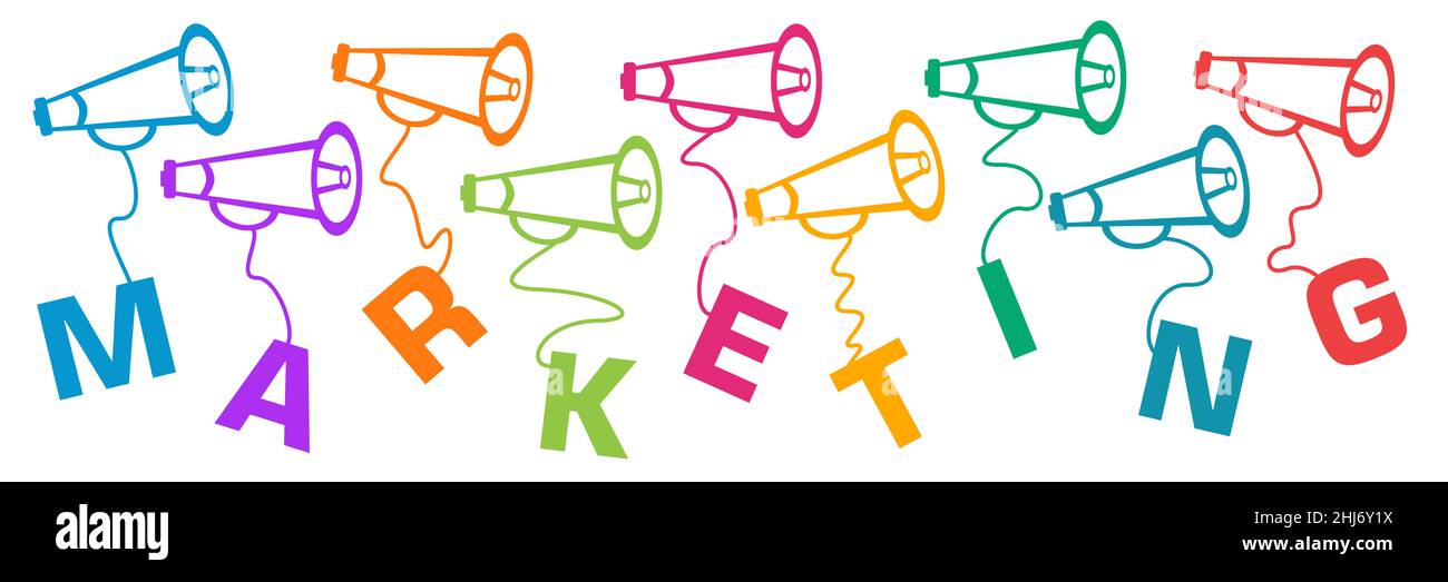 Visualizzazione del testo di marketing dai simboli dell'altoparlante Foto Stock