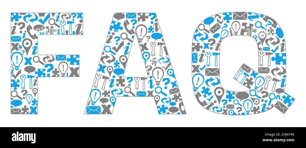 FAQ - Domande frequenti testo con simboli Isolated Blue Grey Foto Stock