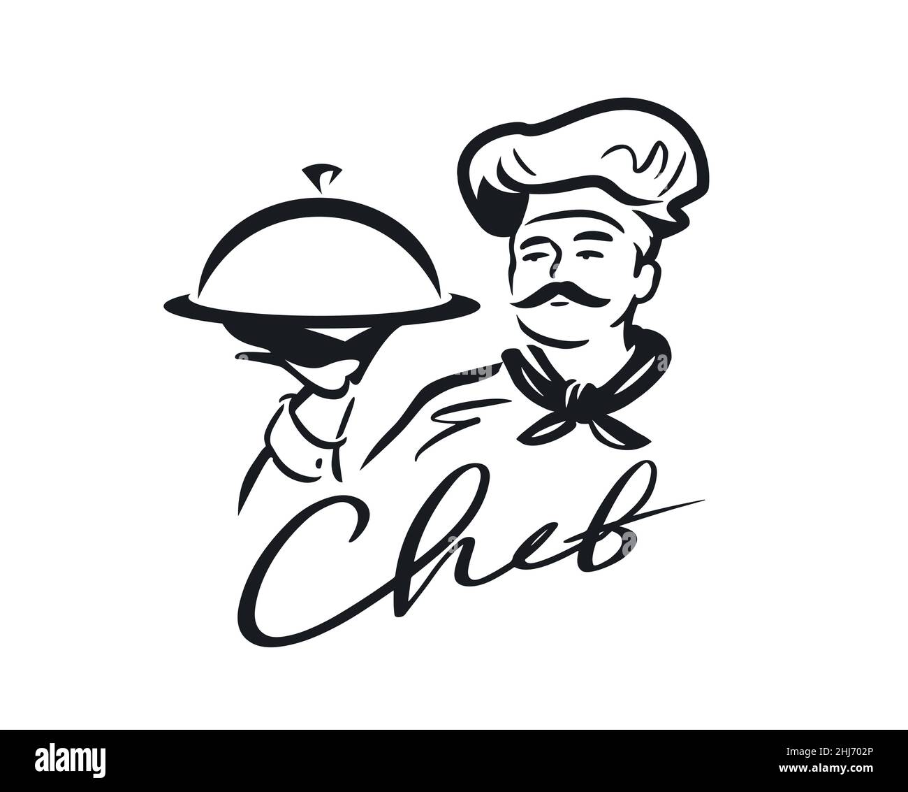 Chef con un piatto in mano logo. Cucina, simbolo del menu del ristorante. Illustrazione vettoriale Illustrazione Vettoriale