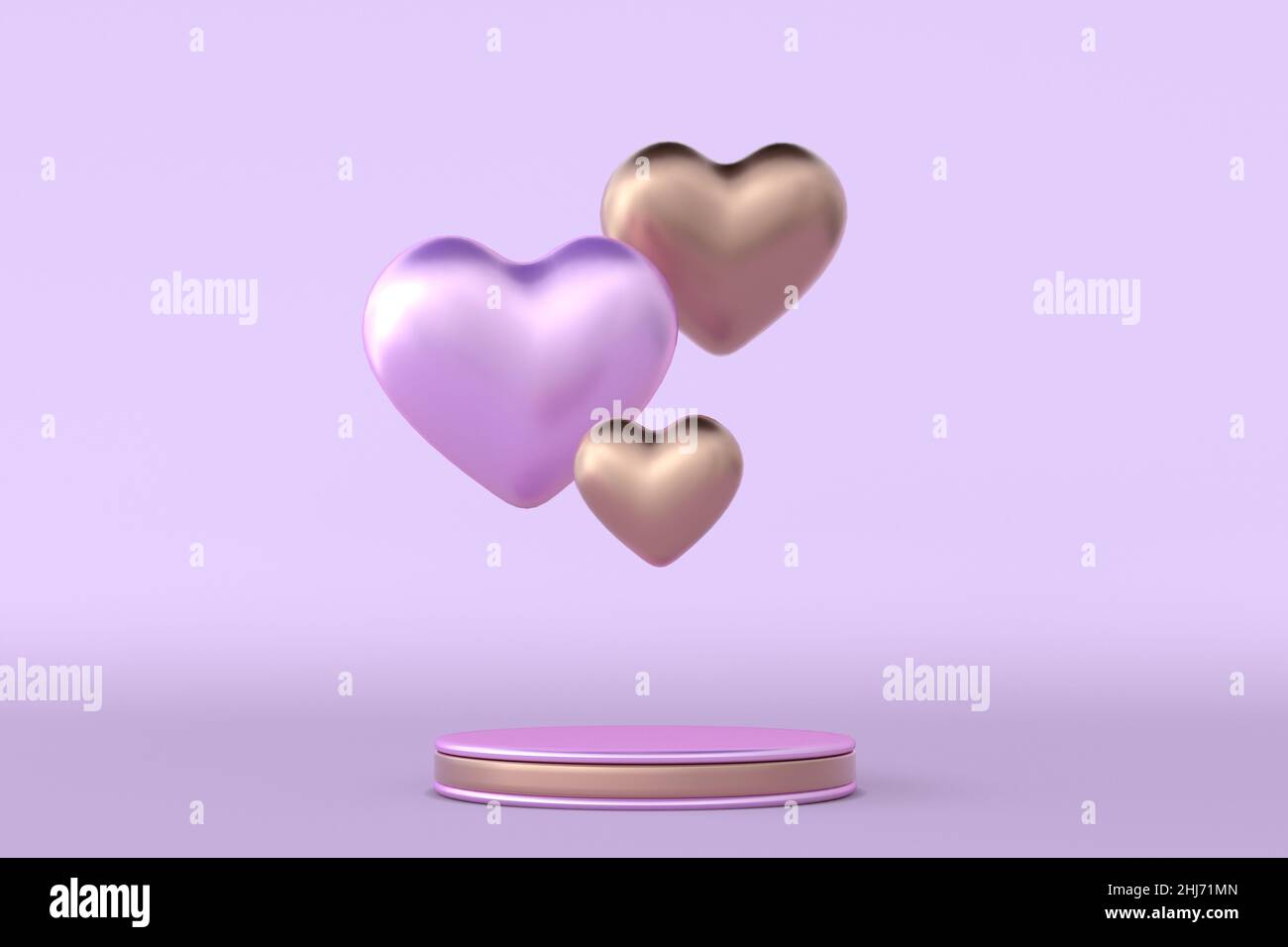 3D San Valentino podio rotondo rosa dorato, piedistallo con cuori romantici. Modello di sfondo Love per la promozione delle vendite. Scena creativa per il 14 febbraio Foto Stock