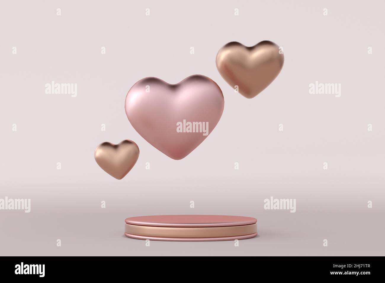 3D San Valentino podio rotondo dorato, piedistallo con cuori romantici. Modello di sfondo Love per la promozione delle vendite. Scena creativa per il 14 febbraio Foto Stock