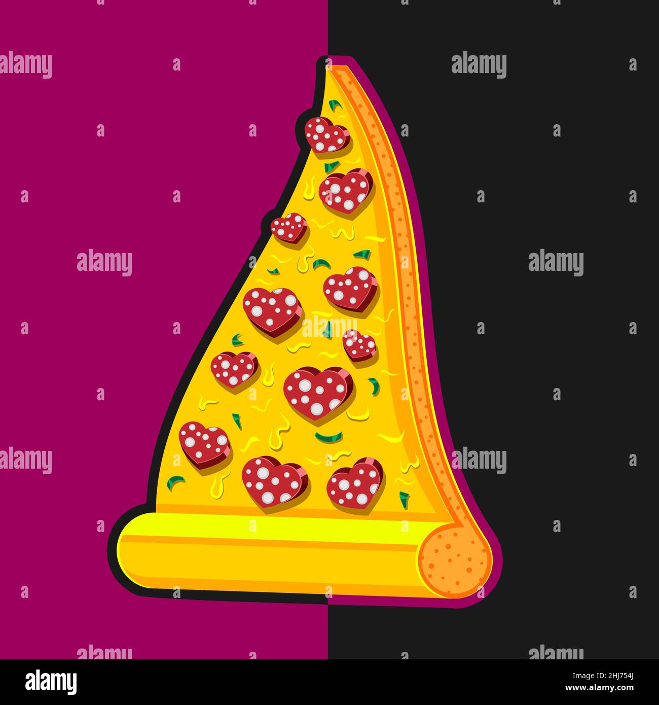 una fetta di pizza al salame forma del cuore su un'immagine isolata vettoriale di sfondo chiaro scuro Illustrazione Vettoriale