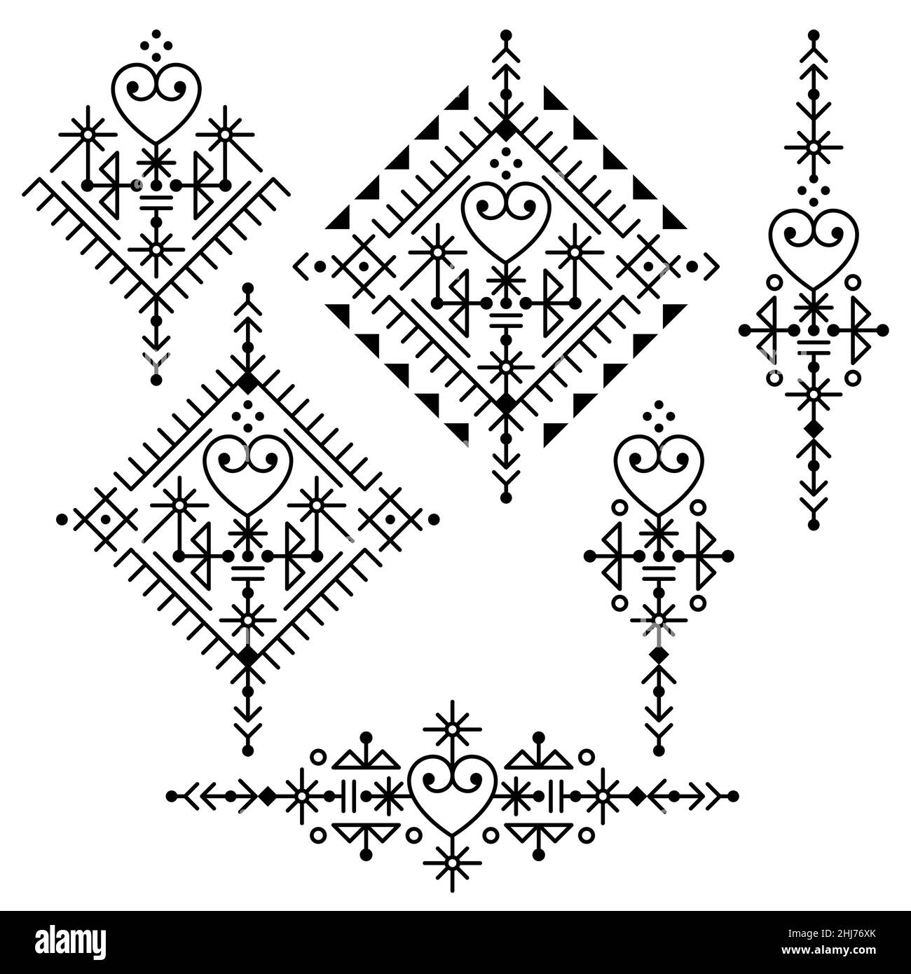 Linea tribale geometrica in stile islandese art vettoriale design set - disegni quadrati e lunghi con cuori, collezione di motivi ornamentali ispirati a Nordic V. Illustrazione Vettoriale