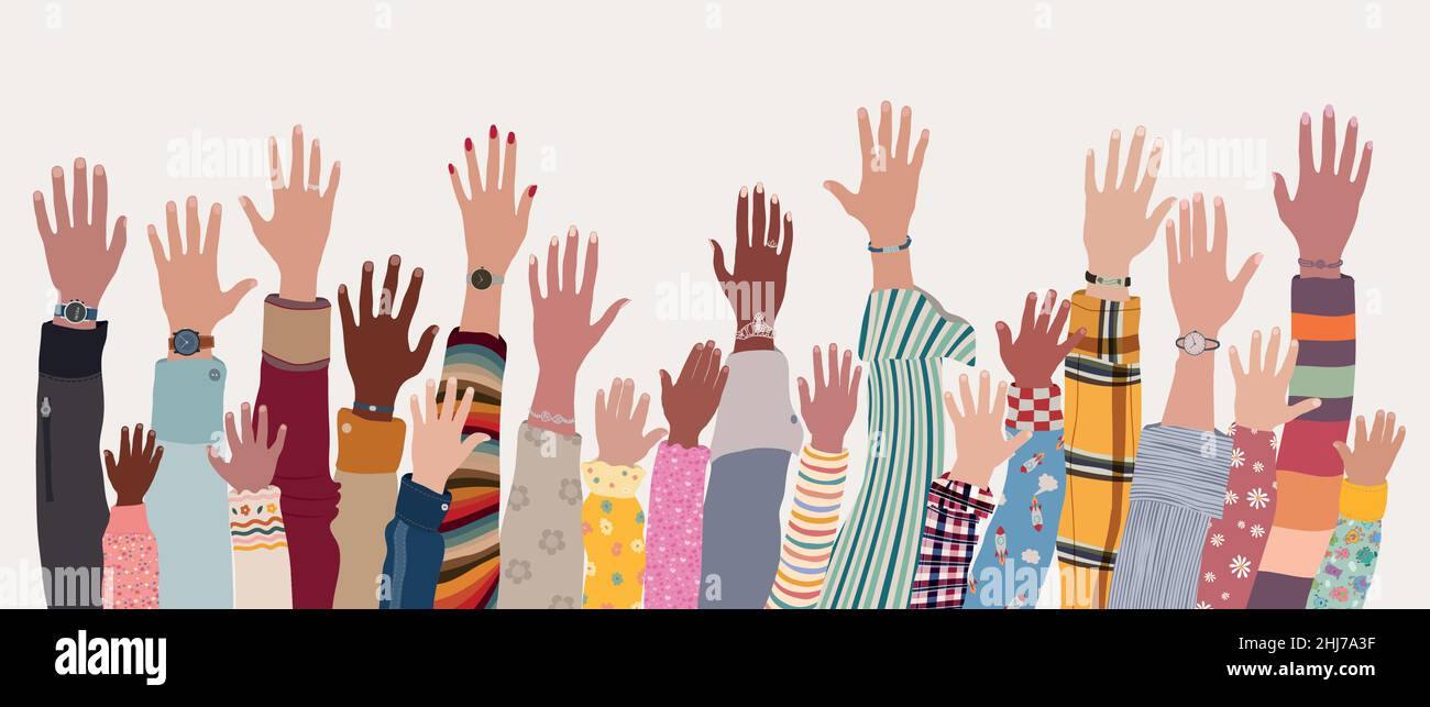 Gruppo di mani e braccia alzate di uomini multiculturali donne e children.Community di persone di diverse culture.Diversity persone. Famiglie multietniche Illustrazione Vettoriale