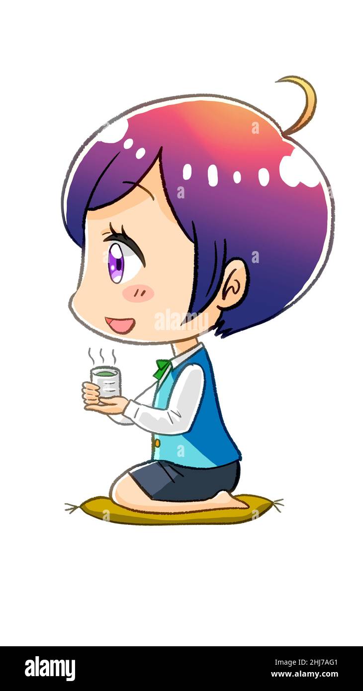 illustrazione dell'ufficio femminile di manga kawaii chibi ( pausa tè giapponese ) Foto Stock