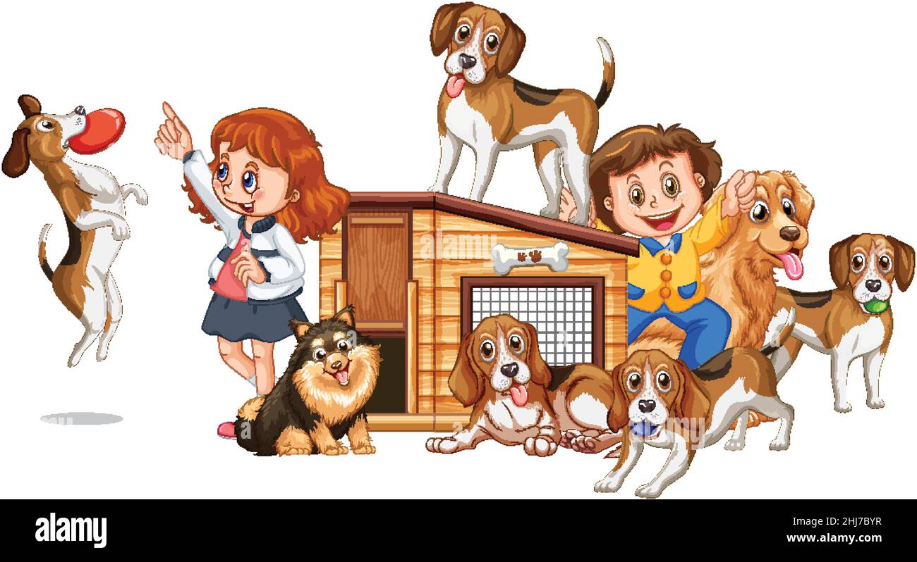 Bambini che giocano con i loro cani illustrazione Illustrazione Vettoriale