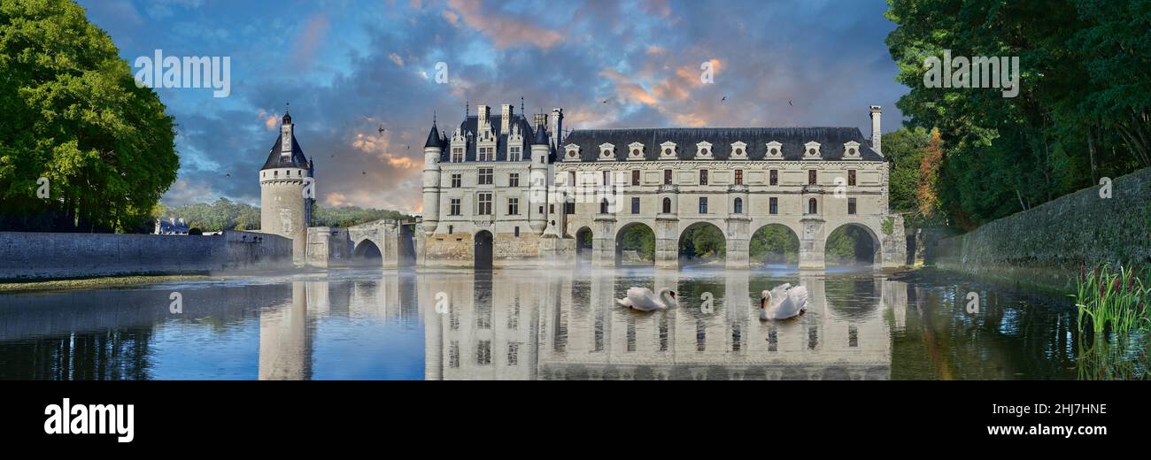 Il Renaissance Chateau de Chenonceau che attraversa il fiume Cher, Indre-et-Loire, costruito nel 1514–1522. Il ponte sul fiume è stato costruito (1556-1559) a. Foto Stock