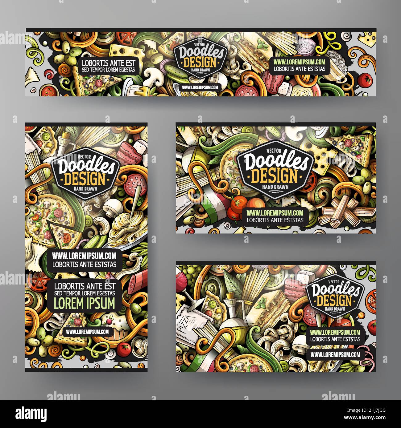 Cartoon vector doodle Set di modelli di identità aziendale Italian Food. Illustrazione Vettoriale