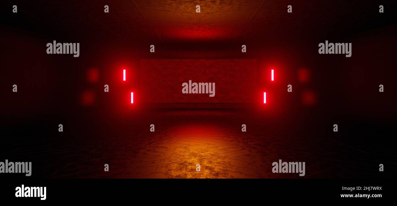 Sfondo scenografico vuoto. Sfondo scuro di stanza vuota, luce rossa al neon, pavimento in cemento, illustrazione 3D Foto Stock