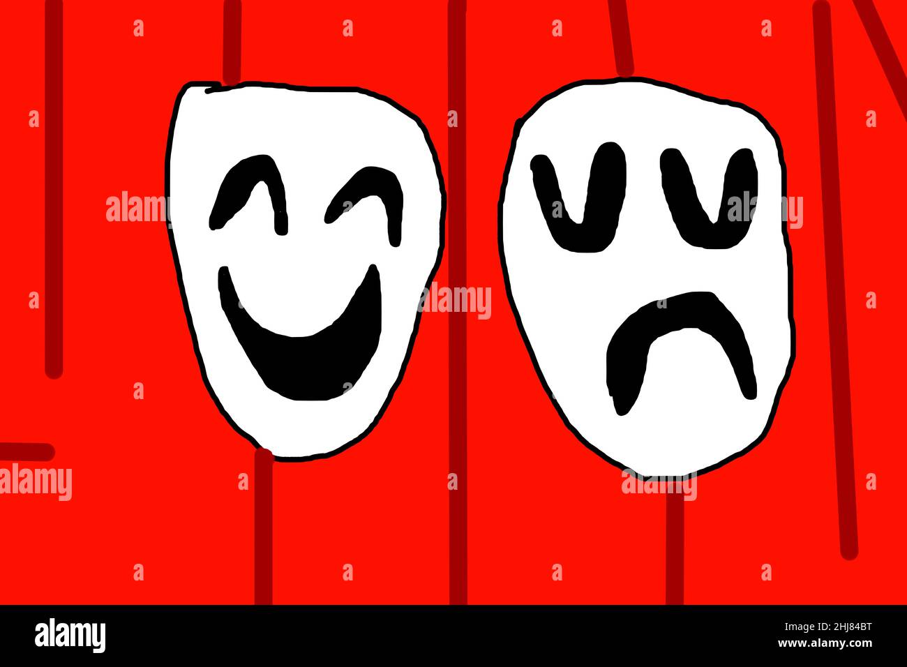 Maschere teatrali su sfondo rosso. Disegno per bambini. Foto Stock