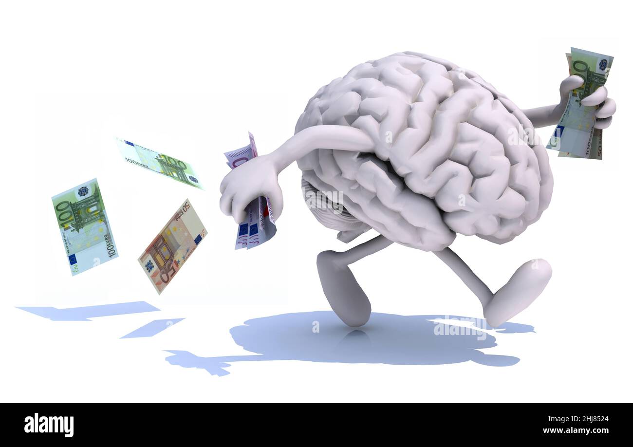 cervello umano con braccia e gambe scappare con banconote in euro sulle mani, illustrazione 3d Foto Stock