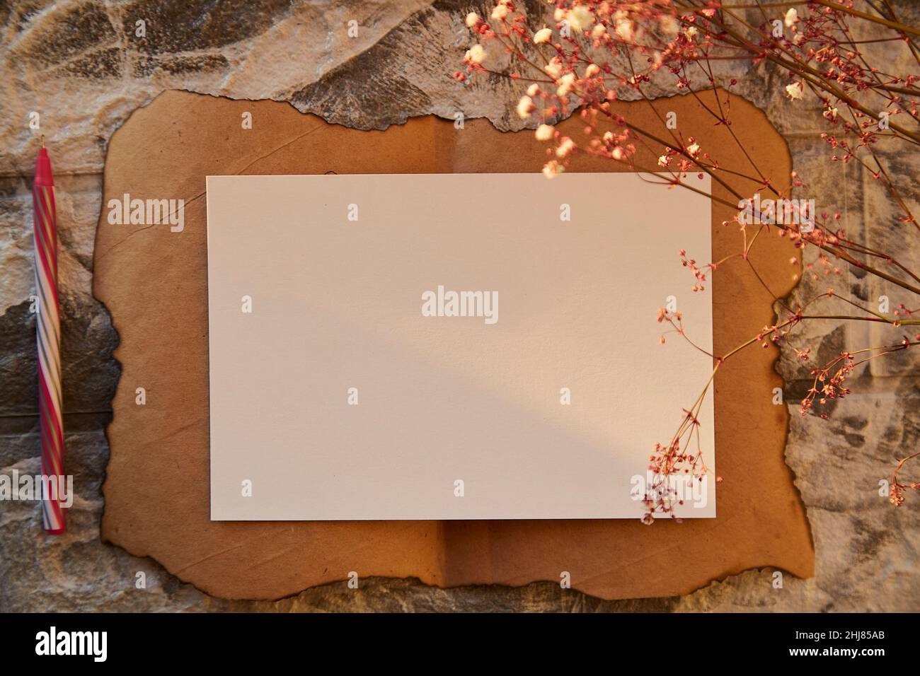 Carta di cancelleria estetica vintage e carta mock up per invito o Complimenti. Decorazioni di fiori di gypsofila. Concetto femminile. Luce del tramonto, stile vintage. Spazio di copia Foto Stock