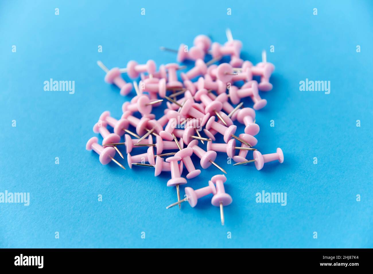un mucchio di spille rosa da ufficio su sfondo blu Foto Stock