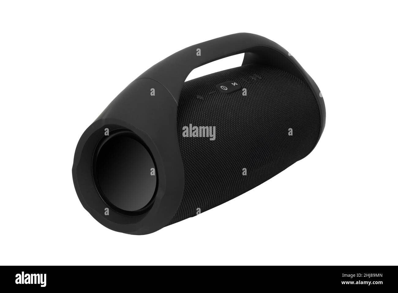 altoparlante bluetooth portatile nero per musica moderna con stereo portatile isolato su sfondo bianco Foto Stock