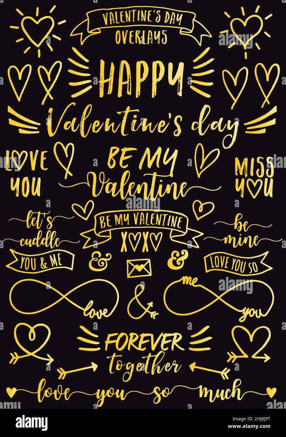 Carte da giorno di San Valentino, elementi di design in oro, cuori disegnati a mano, vettore d'oro su sfondo nero Illustrazione Vettoriale
