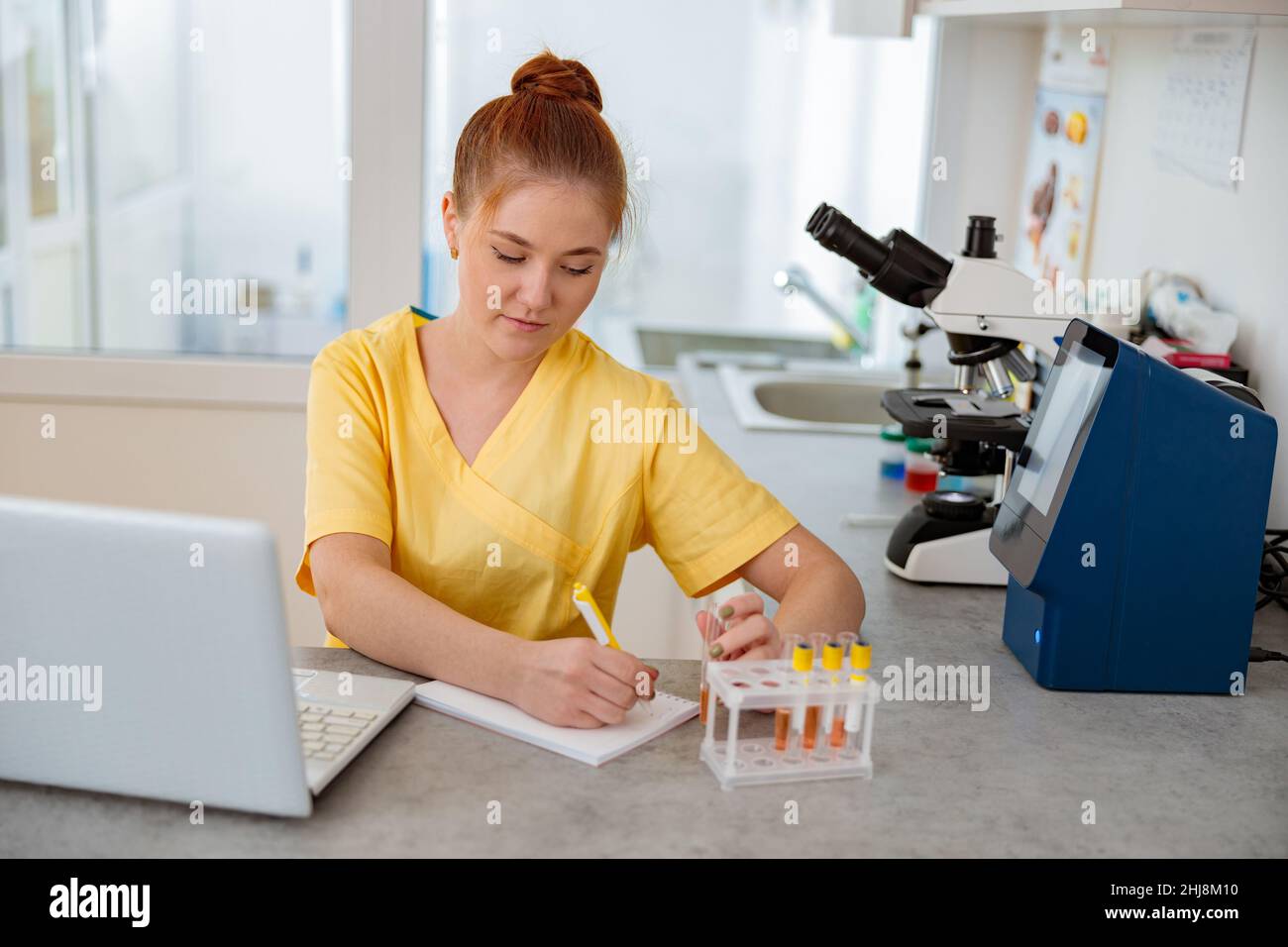Donna vet seduta alla scrivania in clinica animale Foto Stock