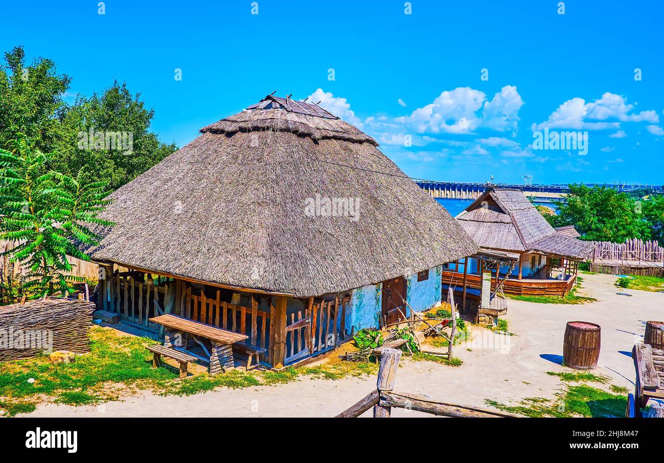 Le case di Zaporizhian sich scansen, Khortytsia isola in Zaporizhzhia, Ucraina Foto Stock