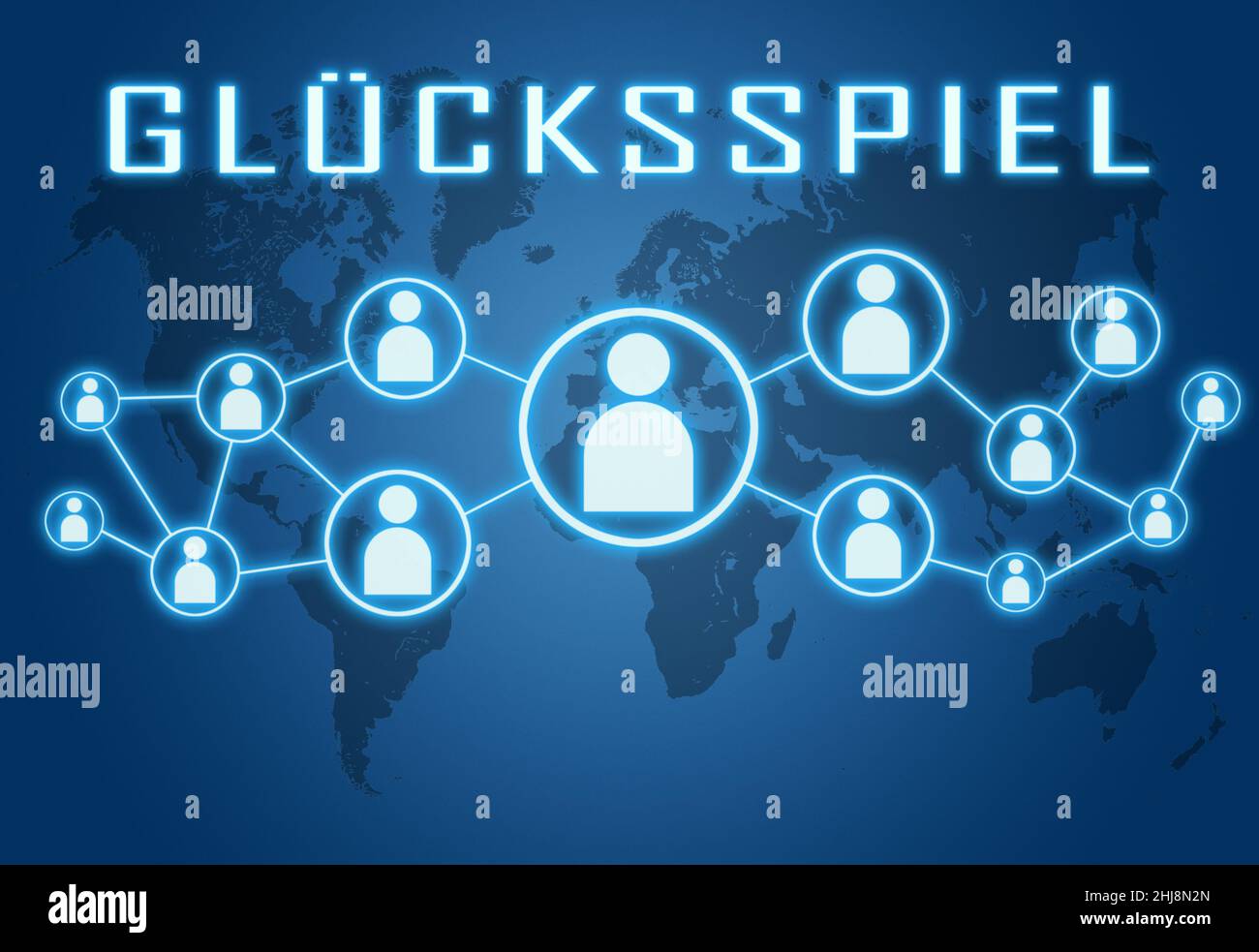 Gluecksspiel - parola tedesca per il gioco d'azzardo o il gioco d'azzardo - testo concetto su sfondo blu con mappa del mondo e icone sociali. Foto Stock