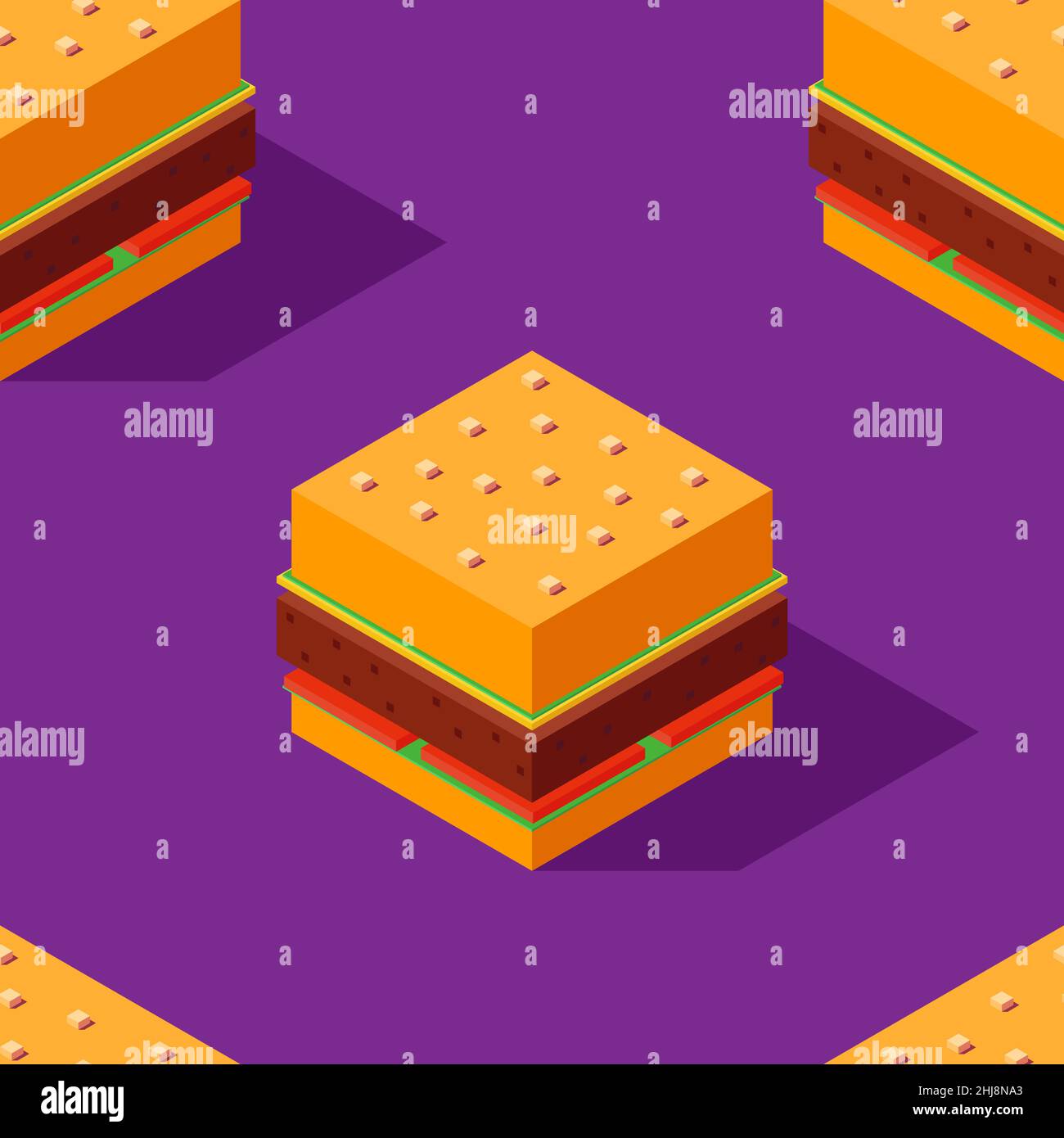 Modello senza cuciture di hamburger cubici stilizzati su sfondo viola. Concetto di design retrò, maschera di ritaglio utilizzata Illustrazione Vettoriale