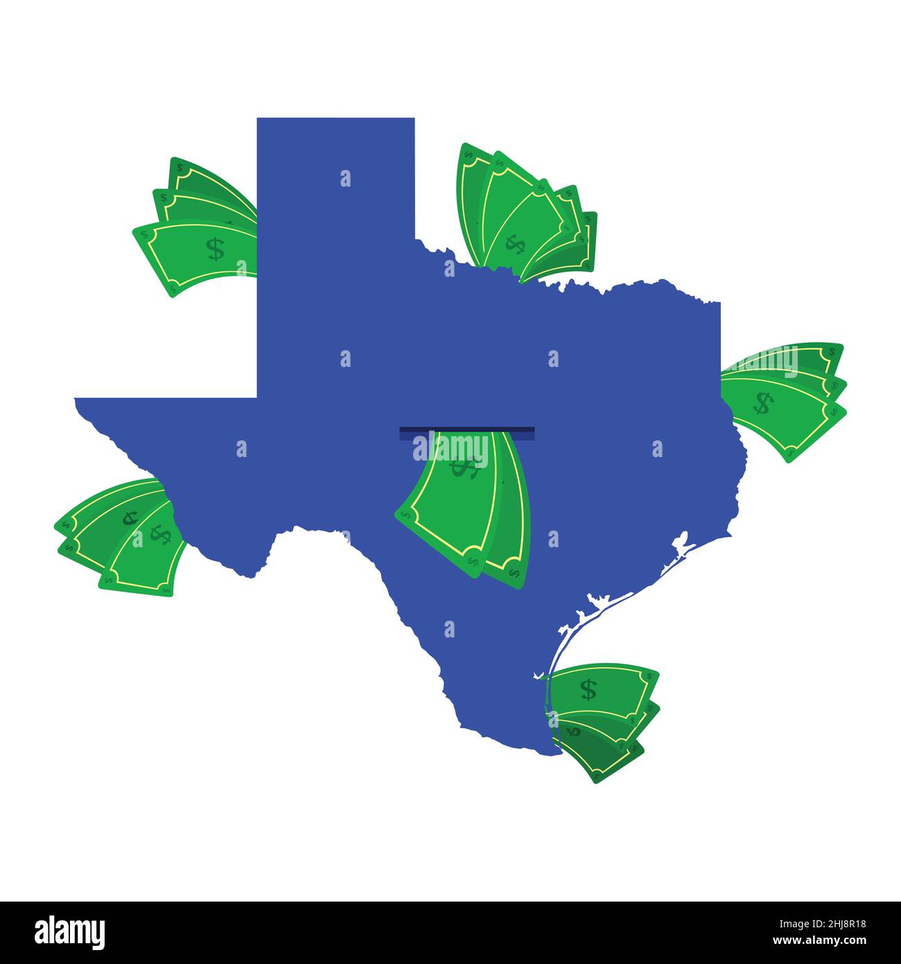 Mappa del Texas in blu con bollette in giro. Denaro che lascia il centro dello stato. Economia dello stato texano. Sfondo bianco. Isolato. Illustrazione Vettoriale