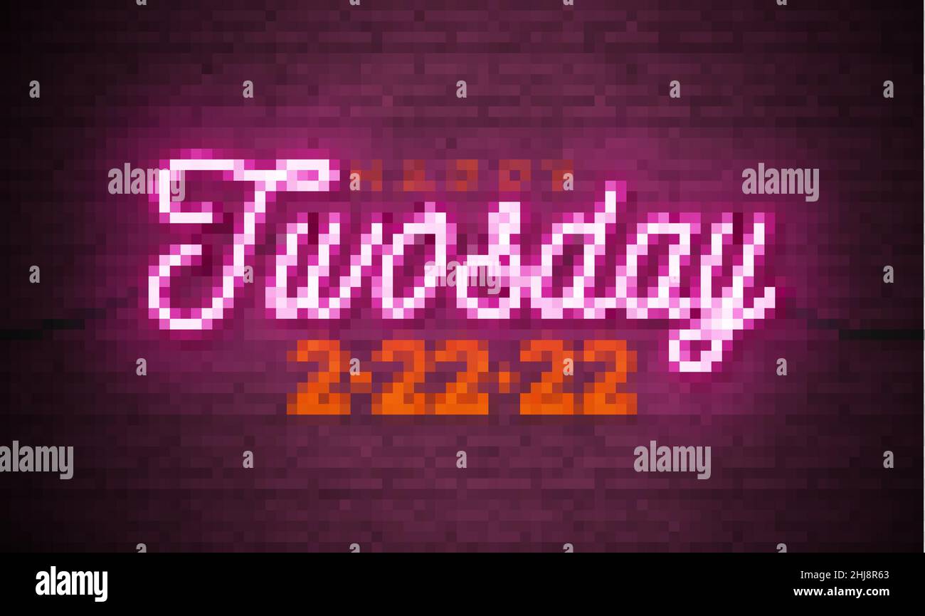 Happy Twosday Illustration with glowing Neon Lights Letter and 2-22-22 Number Brick Wall background. Vector Martedì 22 Febbraio 2022 Special Day Illustrazione Vettoriale