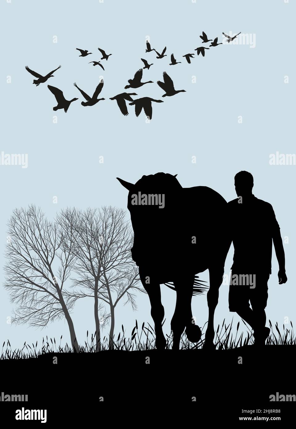 Uomo in un viaggio nella natura con un cavallo Illustrazione Vettoriale Uomo in un viaggio nella natura con un cavallo Illustrazione Vettoriale