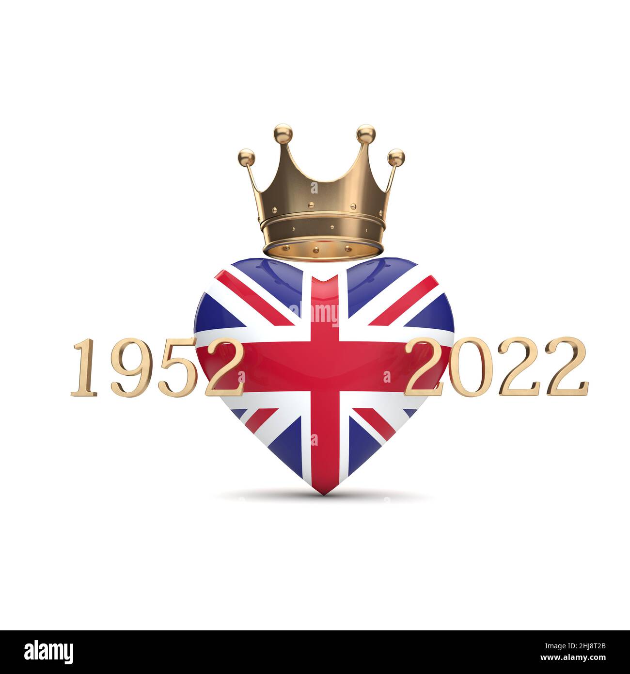 UK Union Jack Heart con una corona d'oro. Queen Jubilee Concept. 3D rendering Foto Stock
