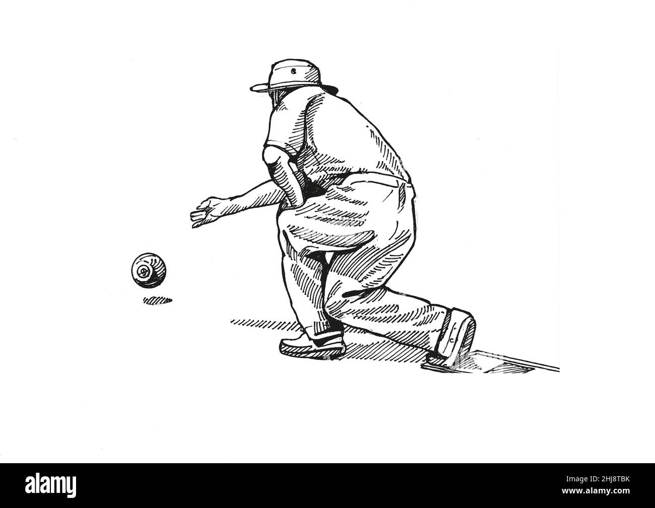 Schizzo di un giocatore di bocce che prende un colpo su uno sfondo bianco. Foto Stock
