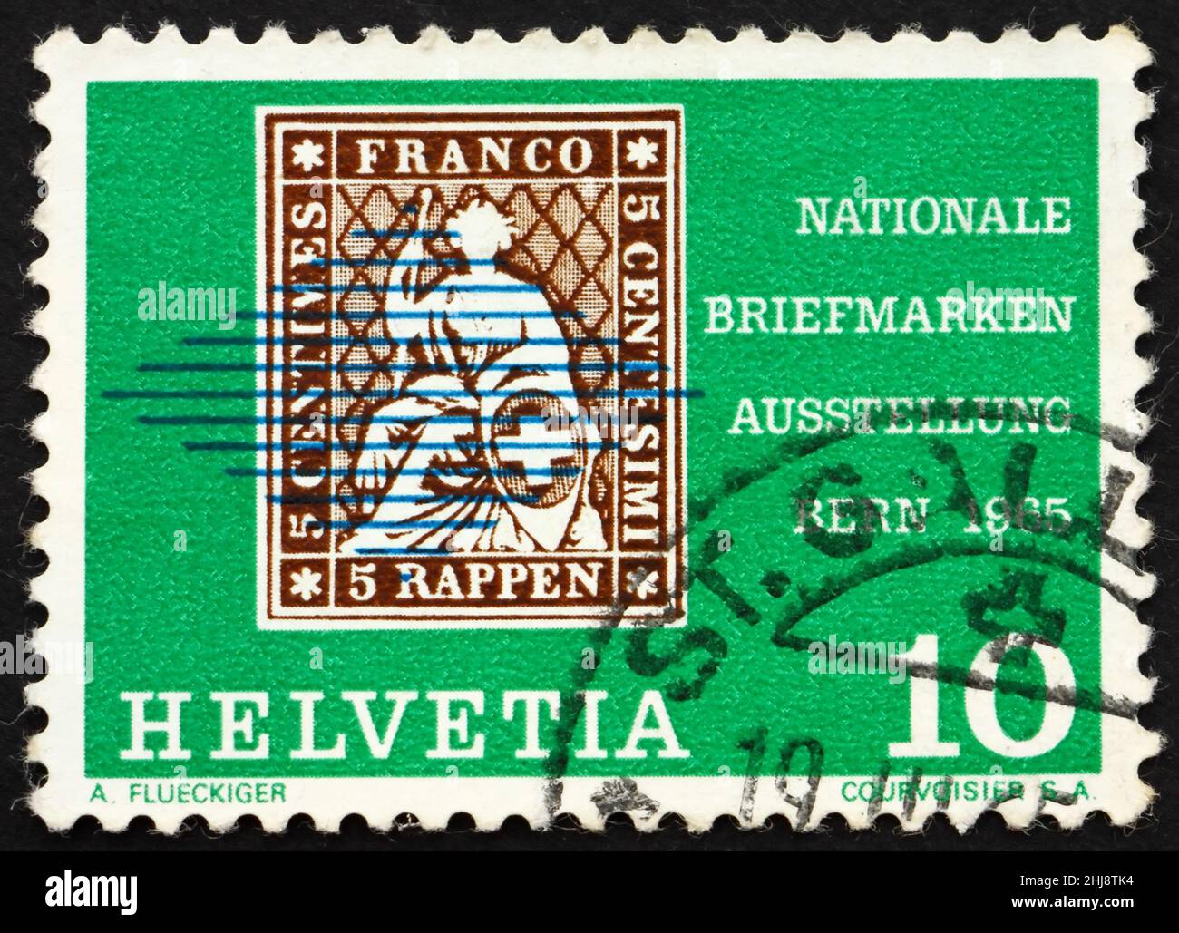 SVIZZERA - CIRCA 1965: Un francobollo stampato in Svizzera mostra Helvetia seduto, dal 1854, National Postage Stamp Exhibition, Berna, circa 1965 Foto Stock