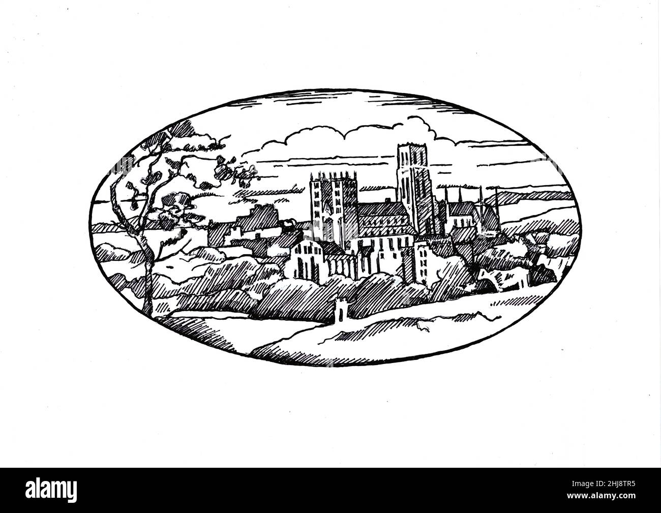 Schizzo di una città antica in una cornice ovale su sfondo bianco. Foto Stock