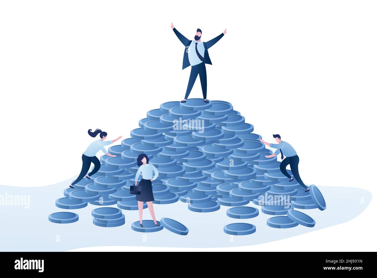 Mucchio di monete e successo felice uomo d'affari vincitore in cima, successo o concetto di profitto background, varie persone d'affari andare alla vittoria, stile alla moda Illustrazione Vettoriale